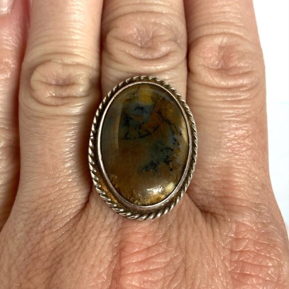 VTG Sterling Silver 925 Hand Signed ED 80 Oval Dendritic Agate Ring Sz 7.5 - 8 - Picture 1 of 16